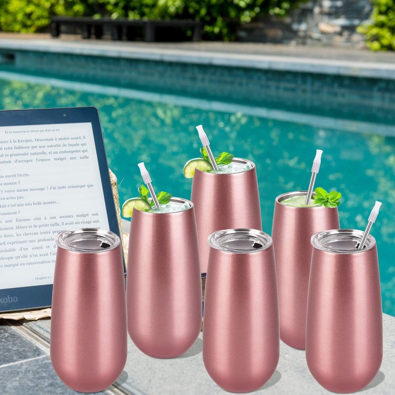 Lifecapido 6 Pack Stemless Double Insulated Champagne Flute Tumbler with Lid, 6 Oz Unbreakable Reusable Cocktail Champagne Toasting Glasses, Good Gift for Friends Family Christmas Birthday, Rose Gold - Image 3